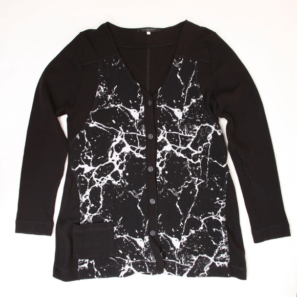 *Vintage* French Black Cardigan White Marble Print - Picture 1 of 5